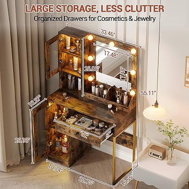Mid Century Modern Vanity Desk with Lighted Mirror and Stool Set, Gold Legs
