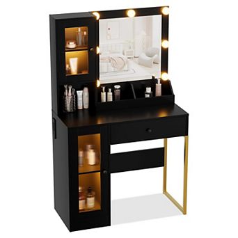 Mid Century Modern Vanity Desk with Lighted Mirror and Stool Set, Gold Legs
