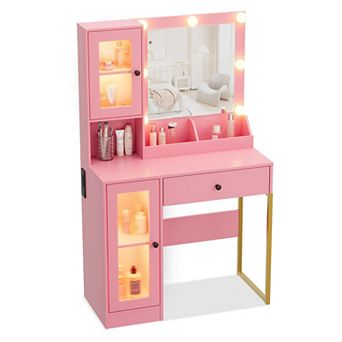 Mid Century Modern Vanity Desk with Lighted Mirror and Stool Set, Gold Legs