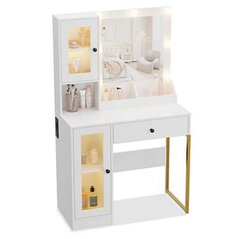 Mid Century Modern Vanity Desk with Lighted Mirror and Stool Set, Gold Legs