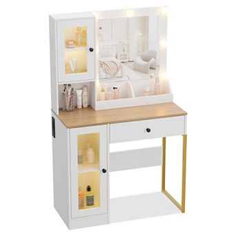 Mid Century Modern Vanity Desk with Lighted Mirror and Stool Set, Gold Legs