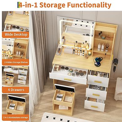 Vanity Desk with Hair Dryer Holder and Storage Stool, LED Lighted Makeup Set with Cabinet