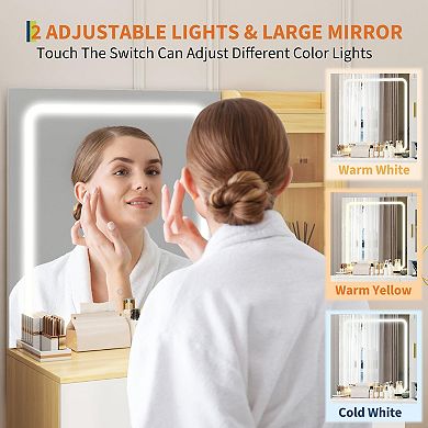 Vanity Desk with Hair Dryer Holder and Storage Stool, LED Lighted Makeup Set with Cabinet