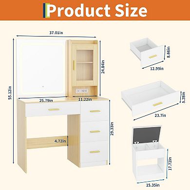 Vanity Desk with Hair Dryer Holder and Storage Stool, LED Lighted Makeup Set with Cabinet