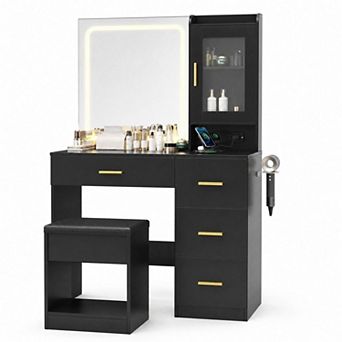 Vanity Desk with Hair Dryer Holder and Storage Stool, LED Lighted Makeup Set with Cabinet