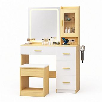 Vanity Desk with Hair Dryer Holder and Storage Stool, LED Lighted Makeup Set with Cabinet