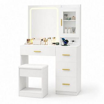 Vanity Desk with Hair Dryer Holder and Storage Stool, LED Lighted Makeup Set with Cabinet