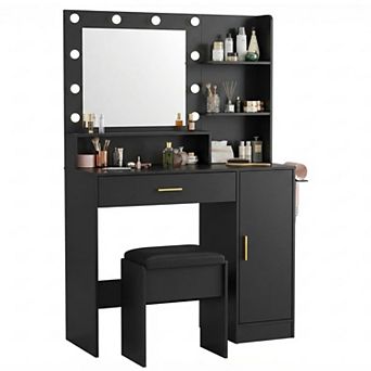 Vanity with 3-Color Lighting and Hair Dryer Holder, Dressing Table Set with Drawers and Shelves