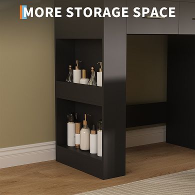 Contemporary Vanity Desk with Lighted Mirror and Outlet, Dressing Table with Stool