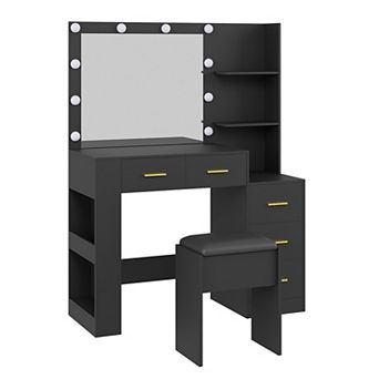 Contemporary Vanity Desk with Lighted Mirror and Outlet, Dressing Table with Stool