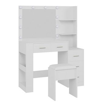 Contemporary Vanity Desk with Lighted Mirror and Outlet, Dressing Table with Stool