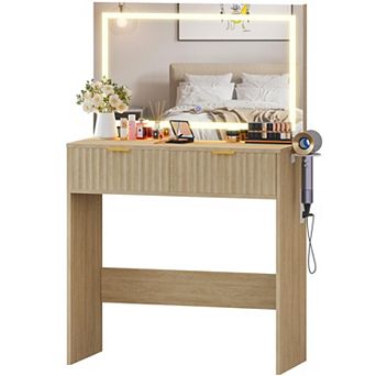 Scandinavian Vanity Desk with Lighted Mirror and Drawers, Minimalist Dressing Table Set
