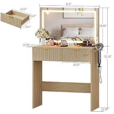 Scandinavian Vanity Desk with Lighted Mirror and Drawers, Minimalist Dressing Table Set
