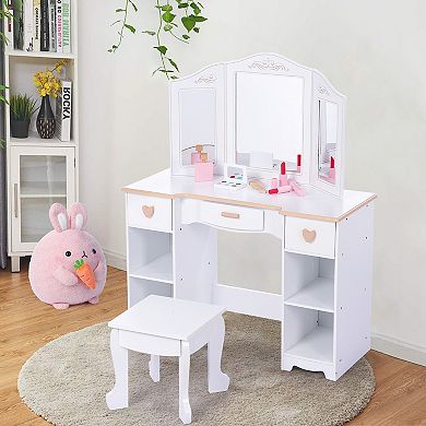 Essential Kids Vanity Set with Mirror and Stool, Vanity Table for Girls Bedroom