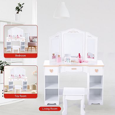 Essential Kids Vanity Set with Mirror and Stool, Vanity Table for Girls Bedroom