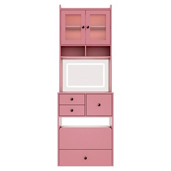 Slim Vanity Desk with Lighted Mirror and Stool Set, Narrow Dressing Table for Small Spaces