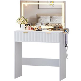 Scandinavian Vanity Desk with Lighted Mirror and Drawers, Minimalist Dressing Table Set