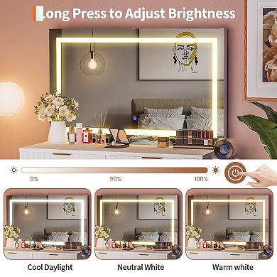 Scandinavian Vanity Desk with Lighted Mirror and Drawers, Minimalist Dressing Table Set