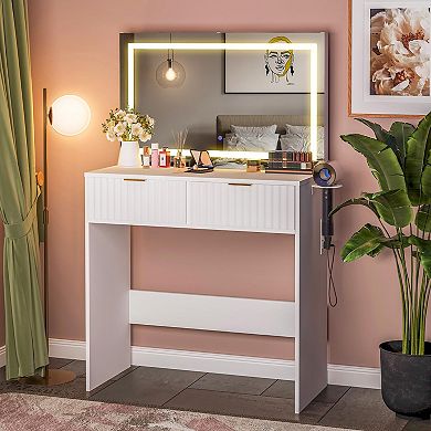 Scandinavian Vanity Desk with Lighted Mirror and Drawers, Minimalist Dressing Table Set