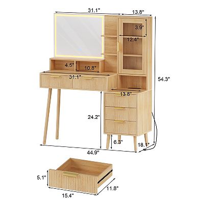 Fluted Vanity Desk with Lighted Mirror and 5 Drawers, Dressing Table for Bedroom