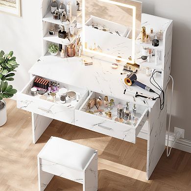 Vanity with 6 Shelves and Cushioned Stool, Tri-Mode LED Makeup Vanity Set
