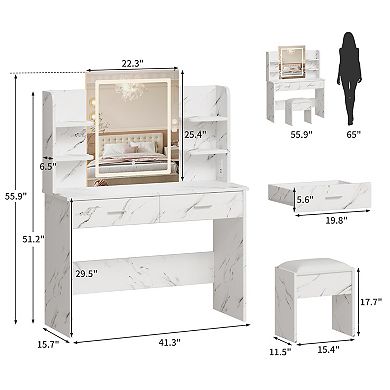 Vanity with 6 Shelves and Cushioned Stool, Tri-Mode LED Makeup Vanity Set