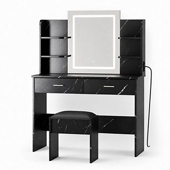 Vanity with 6 Shelves and Cushioned Stool, Tri-Mode LED Makeup Vanity Set