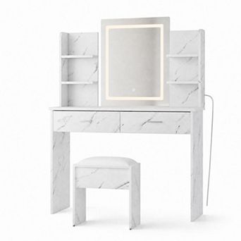 Vanity with 6 Shelves and Cushioned Stool, Tri-Mode LED Makeup Vanity Set