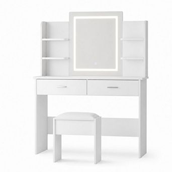 Vanity with 6 Shelves and Cushioned Stool, Tri-Mode LED Makeup Vanity Set