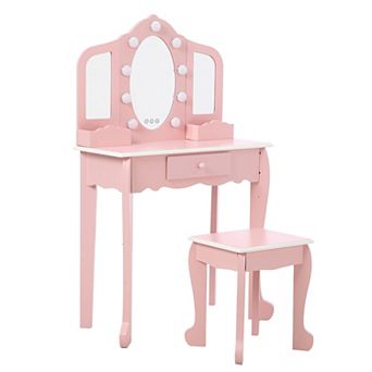 Three Mirror Kids Vanity with Lights, Toddler Vanity Set with Stool and Mirror