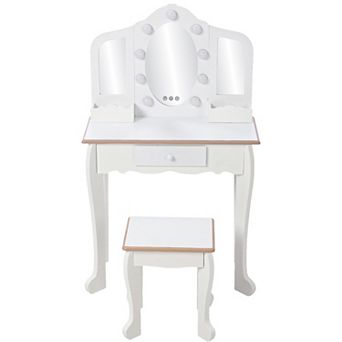 Three Mirror Kids Vanity with Lights, Toddler Vanity Set with Stool and Mirror