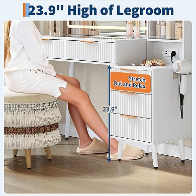 Wave Pattern Vanity Desk with Lighted Mirror and Stool, Compact Dressing Table Set