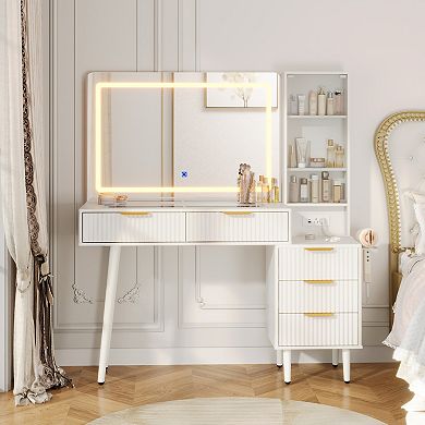 Wave Pattern Vanity Desk with Lighted Mirror and Stool, Compact Dressing Table Set