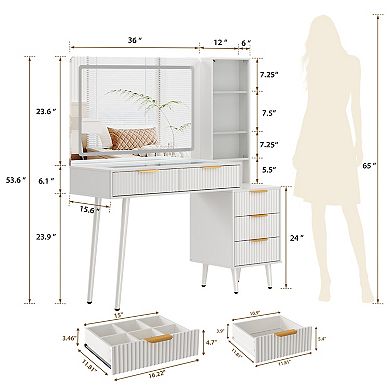 Wave Pattern Vanity Desk with Lighted Mirror and Stool, Compact Dressing Table Set
