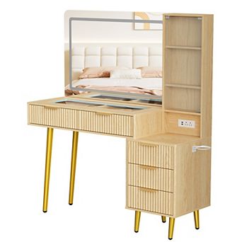 Wave Pattern Vanity Desk with Lighted Mirror and Stool, Compact Dressing Table Set