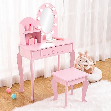 Compact Kids Vanity Set with Mirror and Stool, Simple Dressing Table for Little Girls