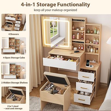 Makeup Vanity Desk with Sliding Lighted Mirror and Stool Set with Drawers
