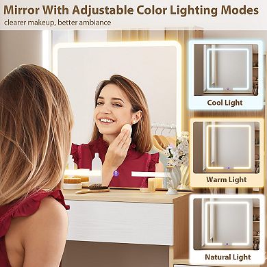 Makeup Vanity Desk with Sliding Lighted Mirror and Stool Set with Drawers