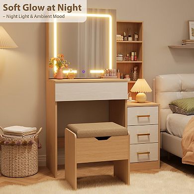 Makeup Vanity Desk with Sliding Lighted Mirror and Stool Set with Drawers