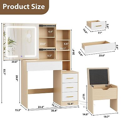 Makeup Vanity Desk with Sliding Lighted Mirror and Stool Set with Drawers