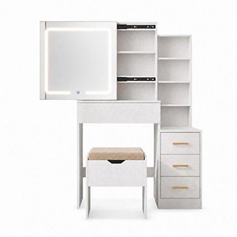 Makeup Vanity Desk with Sliding Lighted Mirror and Stool Set with Drawers
