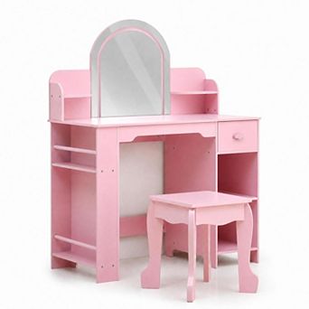 Kids Vanity with Lights and Mirror, Toddler Vanity Table and Chair Set for Little Girls