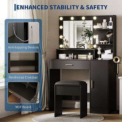 Vanity Desk with Charging Station and Lighted Mirror, Dressing Table Set with Stool