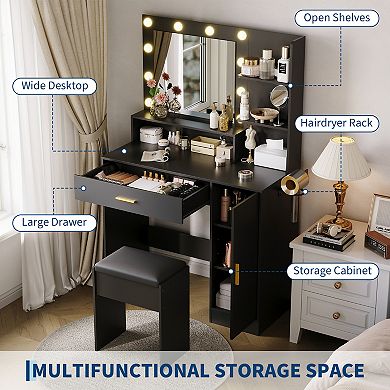 Vanity Desk with Charging Station and Lighted Mirror, Dressing Table Set with Stool