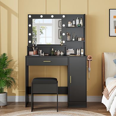Vanity Desk with Charging Station and Lighted Mirror, Dressing Table Set with Stool