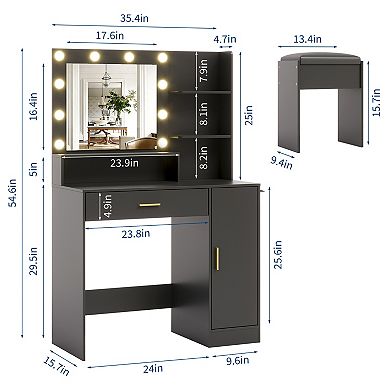 Vanity Desk with Charging Station and Lighted Mirror, Dressing Table Set with Stool