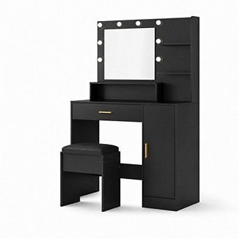 Vanity Desk with Charging Station and Lighted Mirror, Dressing Table Set with Stool