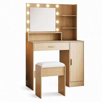 Vanity Desk with Charging Station and Lighted Mirror, Dressing Table Set with Stool
