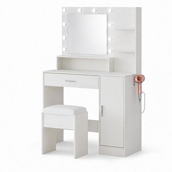 Vanity Desk with Charging Station and Lighted Mirror, Dressing Table Set with Stool