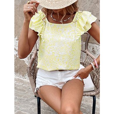 Cute Top for Women Bow Tie Back Ruffle Short Sleeve Shirt